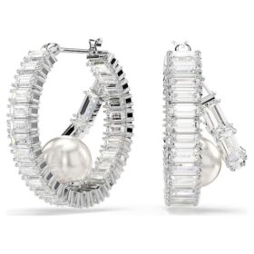 Pendientes de aro Ariana Grande x Swarovski con perlas de cristal, corte baguette, blancos, chapados en rodio