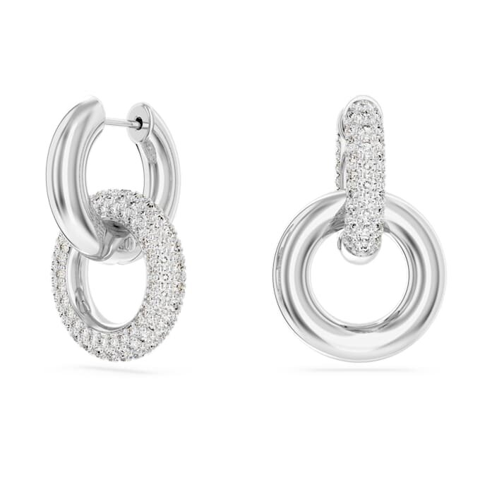 Pendientes de aro Dextera, diseño asimétrico, anillos entrelazados, blancos, chapados en rodio Pendientes de aro Dextera, diseño asimétrico, anillos entrelazados, blancos, chapados en rodio