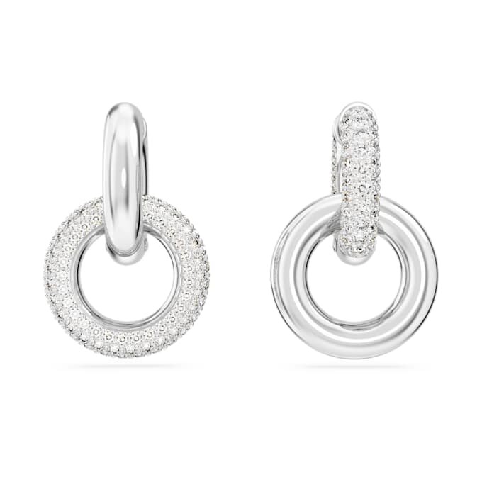 Pendientes de aro Dextera, diseño asimétrico, anillos entrelazados, blancos, chapados en rodio Pendientes de aro Dextera, diseño asimétrico, anillos entrelazados, blancos, chapados en rodio