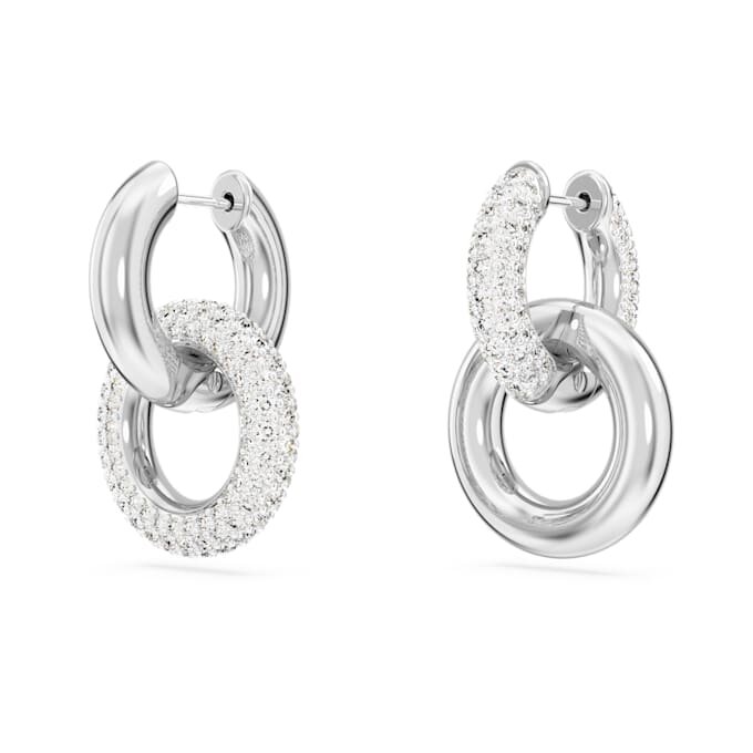 Pendientes de aro Dextera, diseño asimétrico, anillos entrelazados, blancos, chapados en rodio Pendientes de aro Dextera, diseño asimétrico, anillos entrelazados, blancos, chapados en rodio