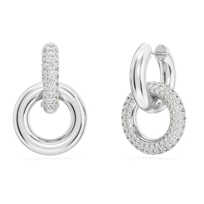 Pendientes de aro Dextera, diseño asimétrico, anillos entrelazados, blancos, chapados en rodio Pendientes de aro Dextera, diseño asimétrico, anillos entrelazados, blancos, chapados en rodio