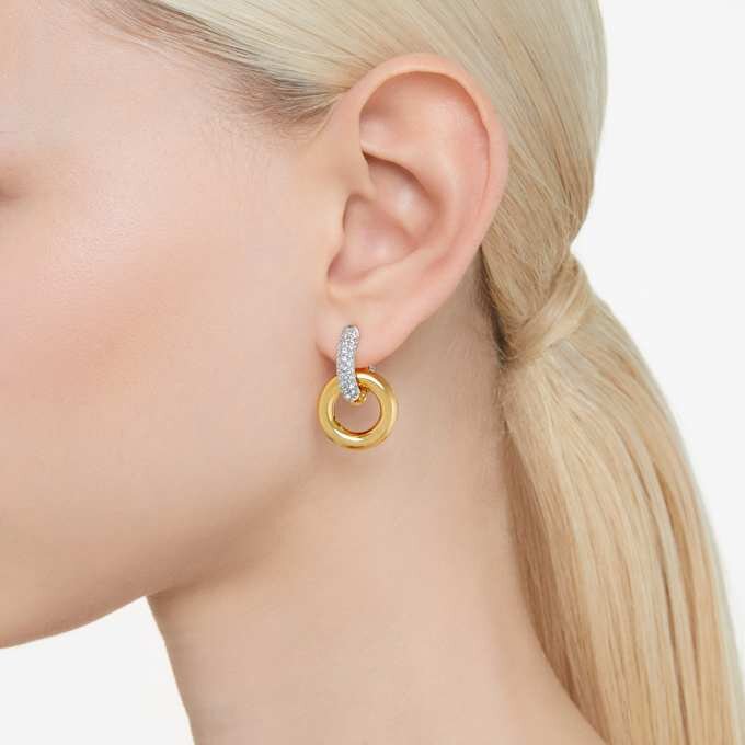 Pendientes de aro Dextera, diseño asimétrico, aro entrelazado, blanco, chapado en tono dorado Pendientes de aro Dextera, diseño asimétrico, aro entrelazado, blanco, chapado en tono dorado