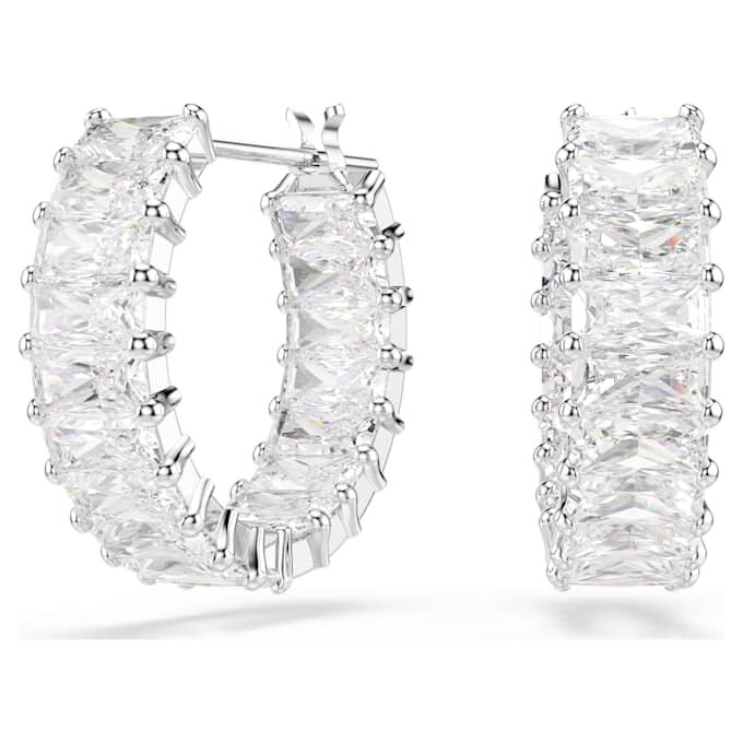 Pendientes de aro Matrix con corte baguette, blancos, chapados en rodio Pendientes de aro Matrix con corte baguette, blancos, chapados en rodio