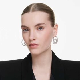 Pendientes de aro Matrix con corte baguette, forma de cinta, blancos, chapados en rodio Pendientes de aro Matrix con corte baguette, forma de cinta, blancos, chapados en rodio