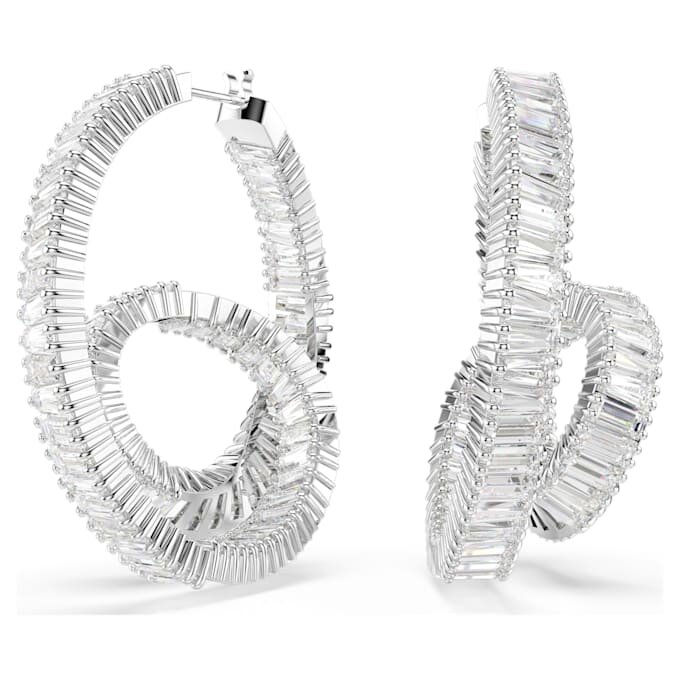 Pendientes de aro Matrix con corte baguette, forma de cinta, blancos, chapados en rodio Pendientes de aro Matrix con corte baguette, forma de cinta, blancos, chapados en rodio