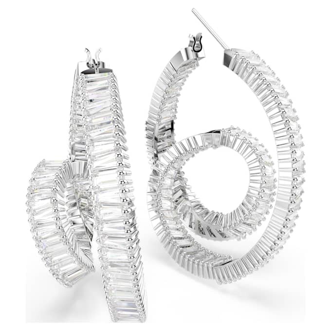 Pendientes de aro Matrix con corte baguette, forma de cinta, blancos, chapados en rodio Pendientes de aro Matrix con corte baguette, forma de cinta, blancos, chapados en rodio