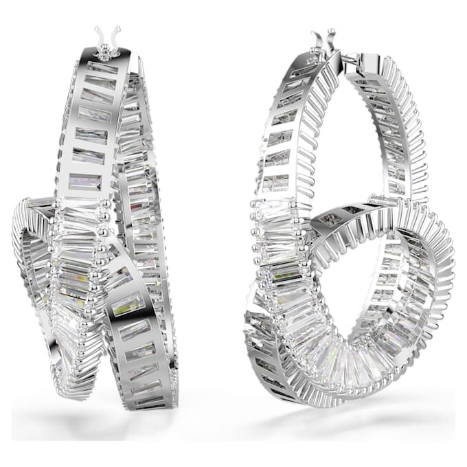 Pendientes de aro Matrix con corte baguette, forma de cinta, blancos, chapados en rodio Pendientes de aro Matrix con corte baguette, forma de cinta, blancos, chapados en rodio