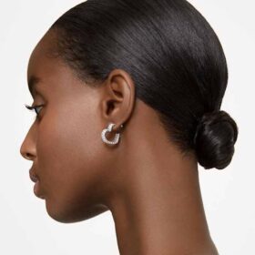Pendientes de aro Matrix con corte baguette, forma de corazón, pequeños, blancos, chapados en rodio