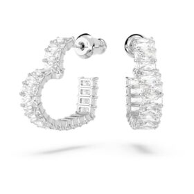 Pendientes de aro Matrix con corte baguette, forma de corazón, pequeños, blancos, chapados en rodio