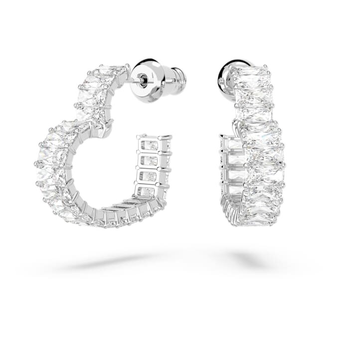 Pendientes de aro Matrix con corte baguette, forma de corazón, pequeños, blancos, chapados en rodio Pendientes de aro Matrix con corte baguette, forma de corazón, pequeños, blancos, chapados en rodio