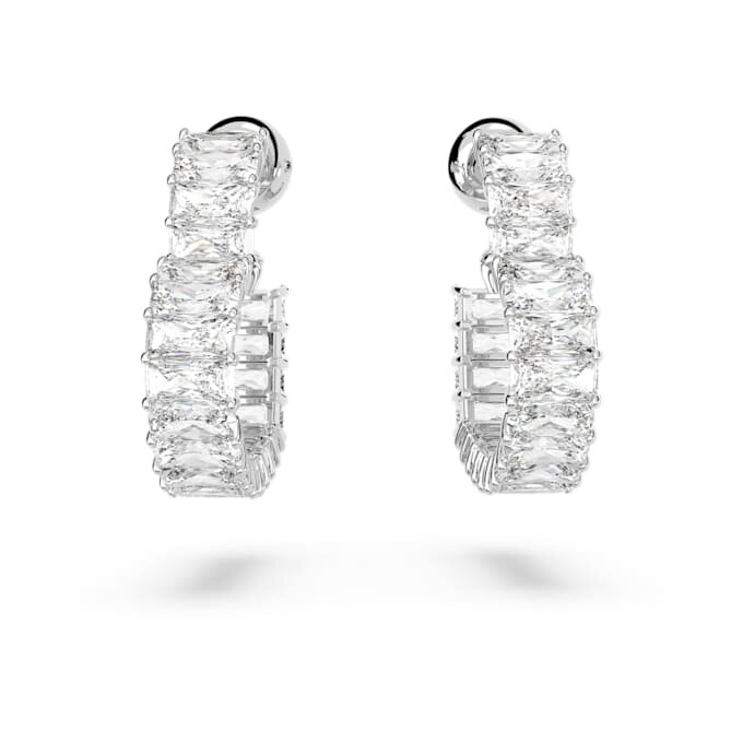 Pendientes de aro Matrix con corte baguette, forma de corazón, pequeños, blancos, chapados en rodio Pendientes de aro Matrix con corte baguette, forma de corazón, pequeños, blancos, chapados en rodio