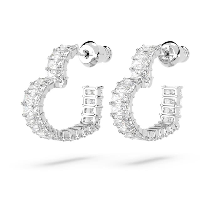 Pendientes de aro Matrix con corte baguette, forma de corazón, pequeños, blancos, chapados en rodio Pendientes de aro Matrix con corte baguette, forma de corazón, pequeños, blancos, chapados en rodio