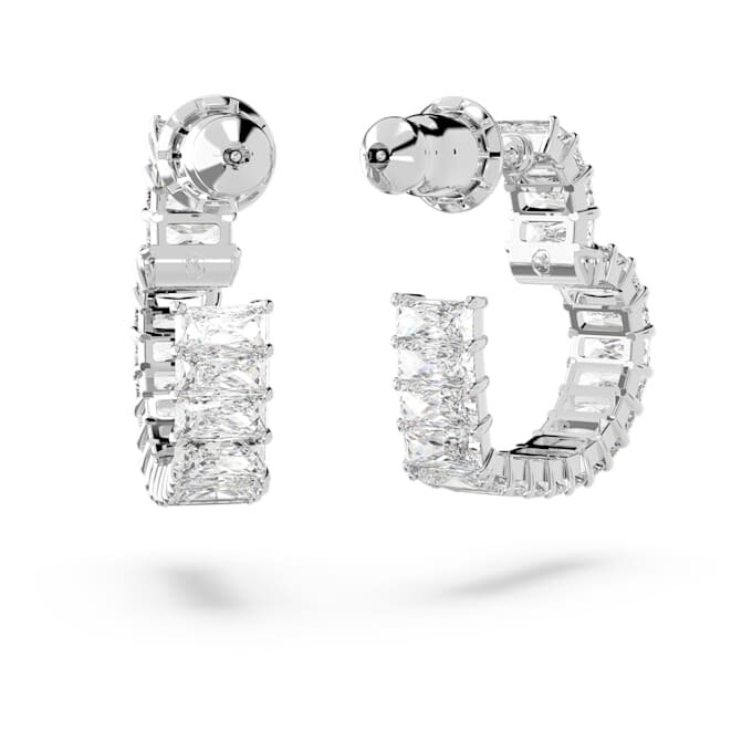 Pendientes de aro Matrix con corte baguette, forma de corazón, pequeños, blancos, chapados en rodio Pendientes de aro Matrix con corte baguette, forma de corazón, pequeños, blancos, chapados en rodio