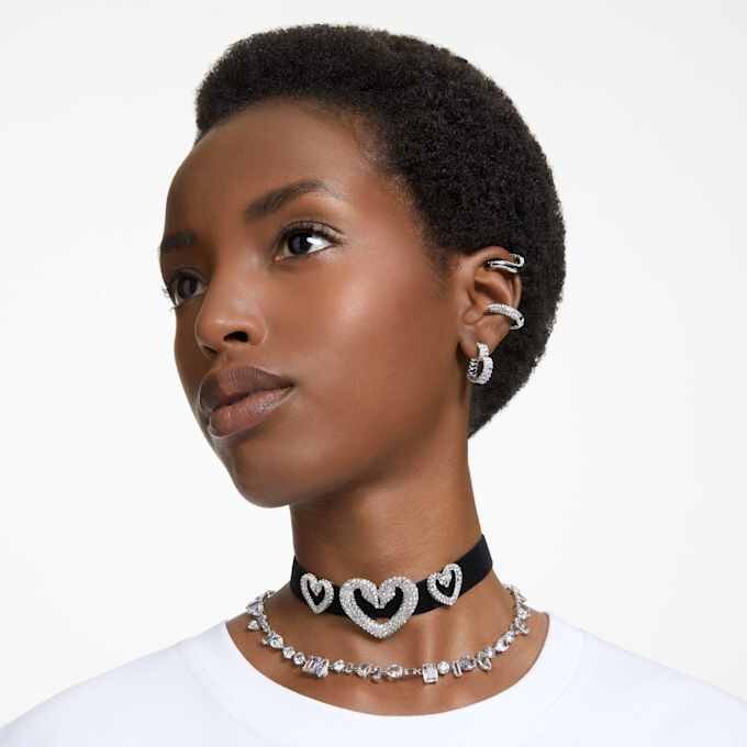 Pendientes de aro Matrix con corte baguette, forma de corazón, pequeños, blancos, chapados en rodio Pendientes de aro Matrix con corte baguette, forma de corazón, pequeños, blancos, chapados en rodio