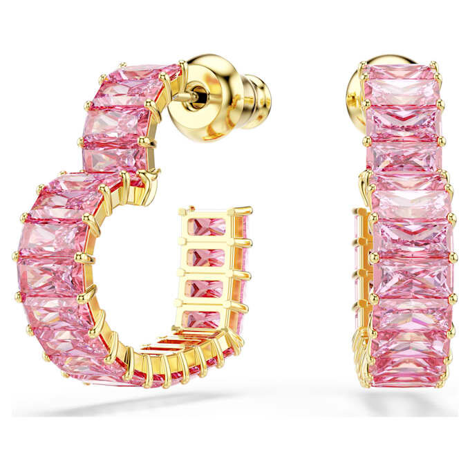 Pendientes de aro Matrix con corte baguette, forma de corazón, pequeños, color rosa, chapados en tono dorado Pendientes de aro Matrix con corte baguette, forma de corazón, pequeños, color rosa, chapados en tono dorado