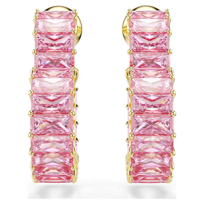 Pendientes de aro Matrix con corte baguette, forma de corazón, pequeños, color rosa, chapados en tono dorado Pendientes de aro Matrix con corte baguette, forma de corazón, pequeños, color rosa, chapados en tono dorado