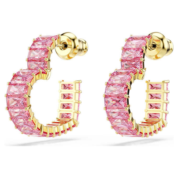 Pendientes de aro Matrix con corte baguette, forma de corazón, pequeños, color rosa, chapados en tono dorado Pendientes de aro Matrix con corte baguette, forma de corazón, pequeños, color rosa, chapados en tono dorado