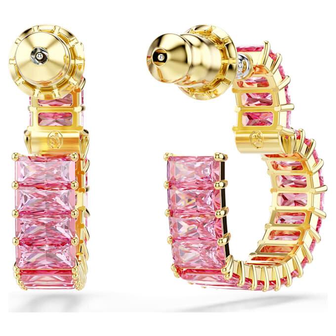 Pendientes de aro Matrix con corte baguette, forma de corazón, pequeños, color rosa, chapados en tono dorado Pendientes de aro Matrix con corte baguette, forma de corazón, pequeños, color rosa, chapados en tono dorado