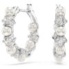 Pendientes de aro Matrix con perla de cristal, corte redondo, blancos, chapados en rodio