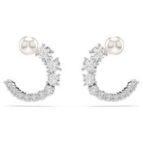 Pendientes de aro Matrix con perla de cristal, corte redondo, blancos, chapados en rodio Pendientes de aro Matrix con perla de cristal, corte redondo, blancos, chapados en rodio