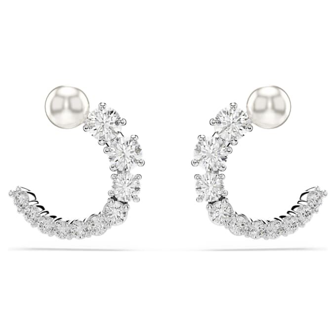 Pendientes de aro Matrix con perla de cristal, corte redondo, blancos, chapados en rodio Pendientes de aro Matrix con perla de cristal, corte redondo, blancos, chapados en rodio