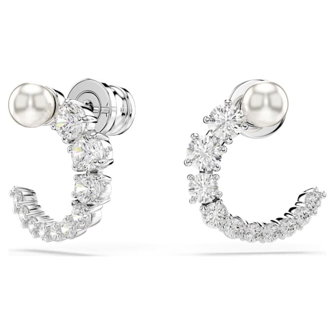 Pendientes de aro Matrix con perla de cristal, corte redondo, blancos, chapados en rodio Pendientes de aro Matrix con perla de cristal, corte redondo, blancos, chapados en rodio