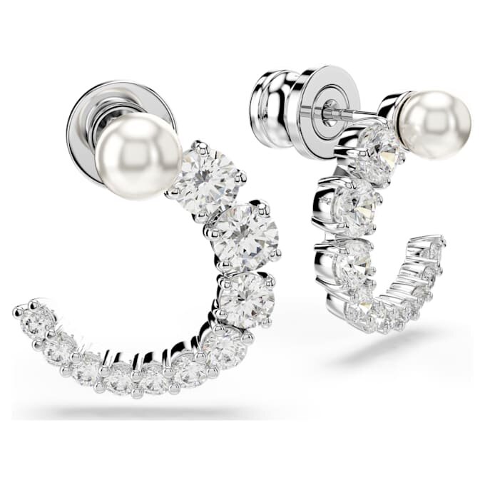 Pendientes de aro Matrix con perla de cristal, corte redondo, blancos, chapados en rodio Pendientes de aro Matrix con perla de cristal, corte redondo, blancos, chapados en rodio
