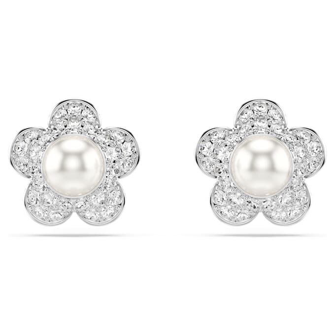 Pendientes de botón Ariana Grande X Swarovski: perla de cristal, corte redondo, flor, blanco, chapado en rodio Pendientes de botón Ariana Grande X Swarovski: perla de cristal, corte redondo, flor, blanco, chapado en rodio