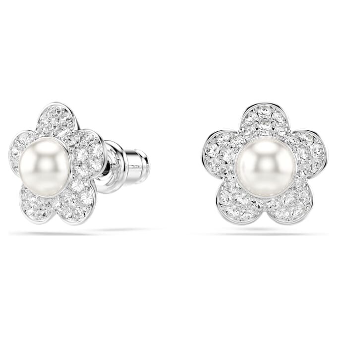 Pendientes de botón Ariana Grande X Swarovski: perla de cristal, corte redondo, flor, blanco, chapado en rodio Pendientes de botón Ariana Grande X Swarovski: perla de cristal, corte redondo, flor, blanco, chapado en rodio