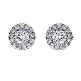 Pendientes de botón Eternity Halo con diamantes cultivados en laboratorio de 0,75 ct en total, forma redonda, oro blanco de 14K