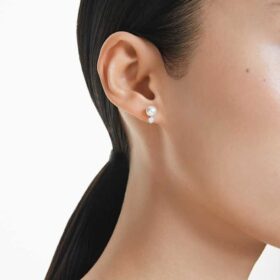 Pendientes de botón Matrix con perla de cristal, corte redondo, blancos, chapados en rodio