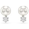 Pendientes de botón Matrix con perla de cristal, corte redondo, blancos, chapados en rodio Pendientes de botón Matrix con perla de cristal, corte redondo, blancos, chapados en rodio