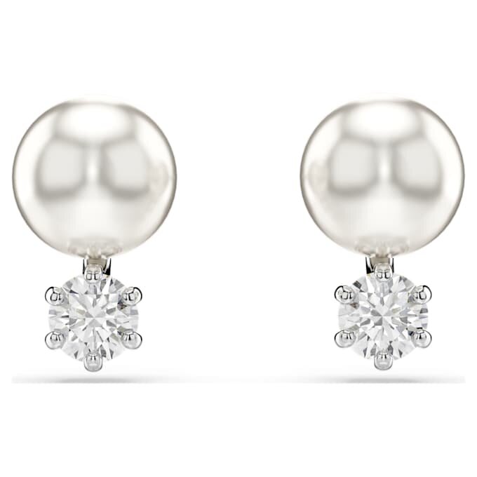 Pendientes de botón Matrix con perla de cristal, corte redondo, blancos, chapados en rodio Pendientes de botón Matrix con perla de cristal, corte redondo, blancos, chapados en rodio