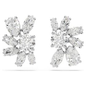 Pendientes de botón Mesmera con cortes mixtos, flor, blancos, chapados en rodio