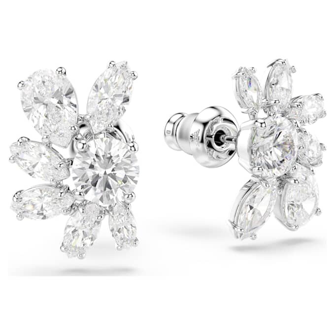 Pendientes de botón Mesmera con cortes mixtos, flor, blancos, chapados en rodio Pendientes de botón Mesmera con cortes mixtos, flor, blancos, chapados en rodio