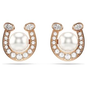 Pendientes de botón Symbolica con perla de cristal, pavé, herradura, blanco, chapado en tono oro rosa