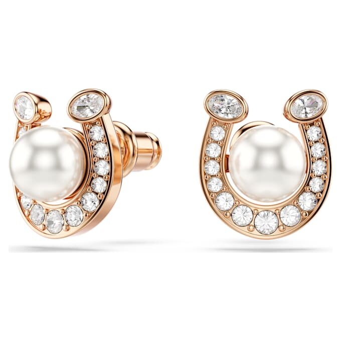 Pendientes de botón Symbolica con perla de cristal, pavé, herradura, blanco, chapado en tono oro rosa Pendientes de botón Symbolica con perla de cristal, pavé, herradura, blanco, chapado en tono oro rosa