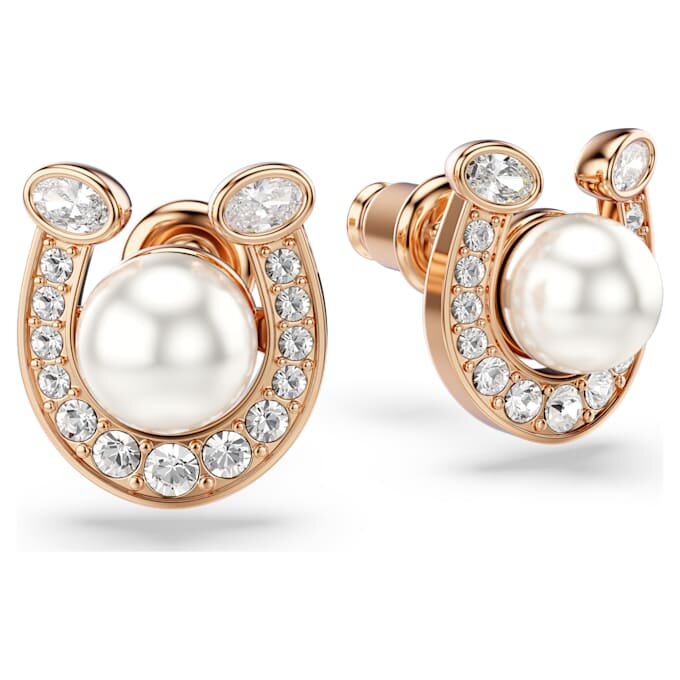 Pendientes de botón Symbolica con perla de cristal, pavé, herradura, blanco, chapado en tono oro rosa Pendientes de botón Symbolica con perla de cristal, pavé, herradura, blanco, chapado en tono oro rosa