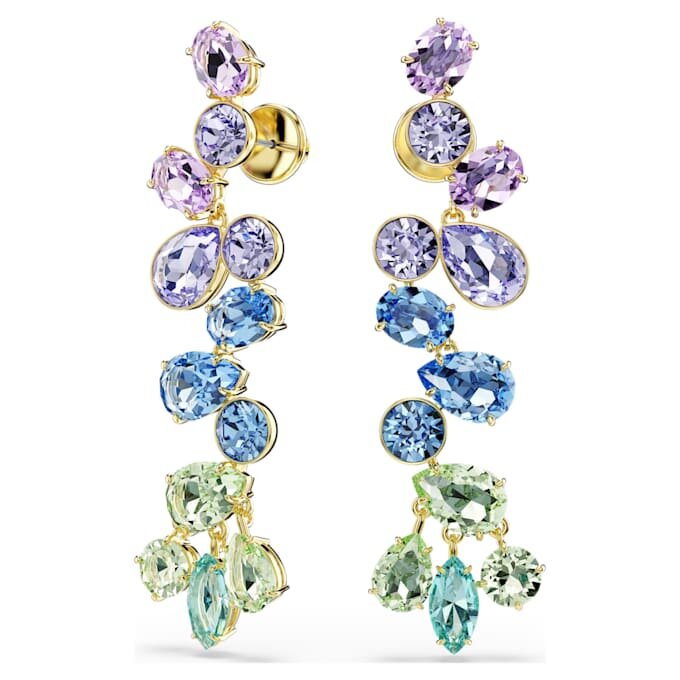 Pendientes Gema de corte mixto, estilo candelabro, largos, multicolores, chapados en tono dorado