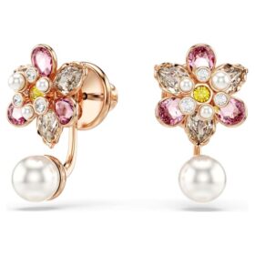 Pendientes Idyllia con perlas de cristal, cortes mixtos, forma de flor, multicolores, chapados en tono oro rosa