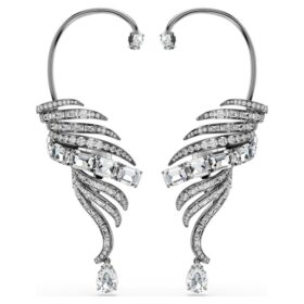 Pendientes tipo «ear cuff» de la colección Vienna con diseño de pluma, grandes, blancos, chapados en rutenio