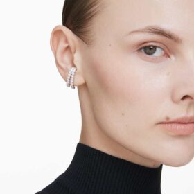 Pendientes tipo «ear cuff» Matrix, corte redondo, blancos, chapados en rodio