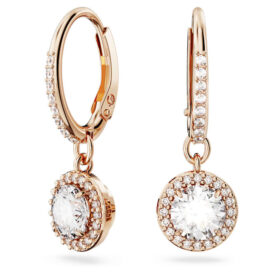 Pendientes Una Angelic Drop, corte redondo, pavé, blanco, chapado en tono oro rosa