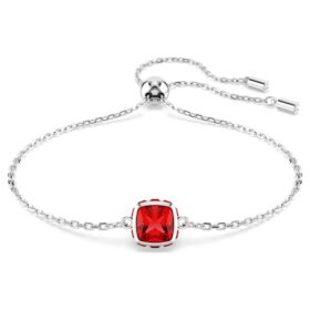 Pulseras con piedra natal de corte cuadrado, julio, rojo, chapada en rodio