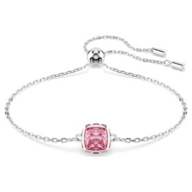 Pulseras con piedra natal de corte cuadrado, octubre, rosa, chapada en rodio
