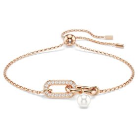 Pulseras Constella con perla de cristal, corte redondo, blanca, chapada en tono oro rosa