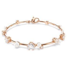 Pulseras Constella con perlas de cristal, cortes redondos, blanca, chapada en tono oro rosa