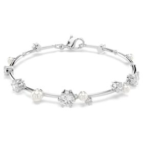 Pulseras Constella con perlas de cristal, cortes redondos, blanco, chapada en rodio