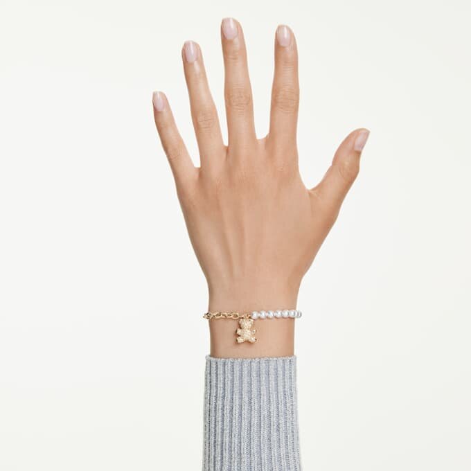 Pulseras Idyllia con perla de cristal, corte redondo, osito, tono dorado, chapado en tono dorado Pulseras Idyllia con perla de cristal, corte redondo, osito, tono dorado, chapado en tono dorado