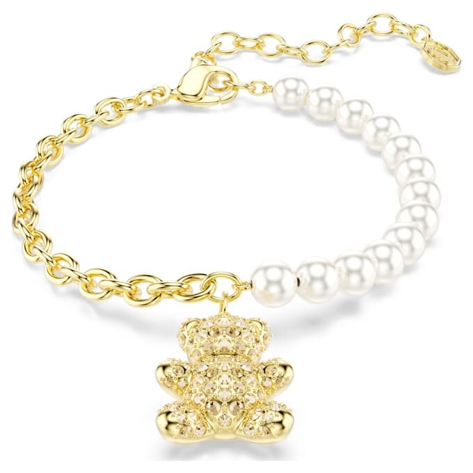 Pulseras Idyllia con perla de cristal, corte redondo, osito, tono dorado, chapado en tono dorado Pulseras Idyllia con perla de cristal, corte redondo, osito, tono dorado, chapado en tono dorado